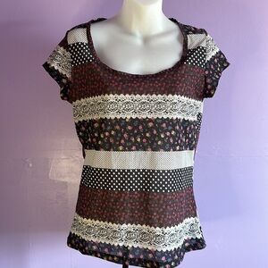 Copper Key Women's Black Floral Short Sleeve Blouse Size Medium M